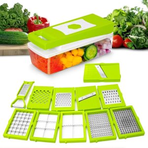 MOKRUSH 13 in 1 Multipurpose Chopper, Fruits & Vegetable Cutters, Grater Peeler Chipser, Unbreakable Food Grade Body, Easy Push to Clean Button Slicer Dicer, Chopper for Kitchen (Green)
