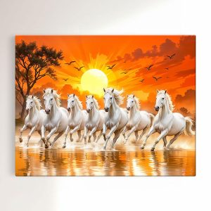 ArtX Canvas Big Size 7 Horses Vastu Frame Wall Art Painting, White Running Horses On Water Painting Vastu Rising Sun Wall Decor, Multicolor, Nature, 61.0 X 48.0 cm, Set of 1